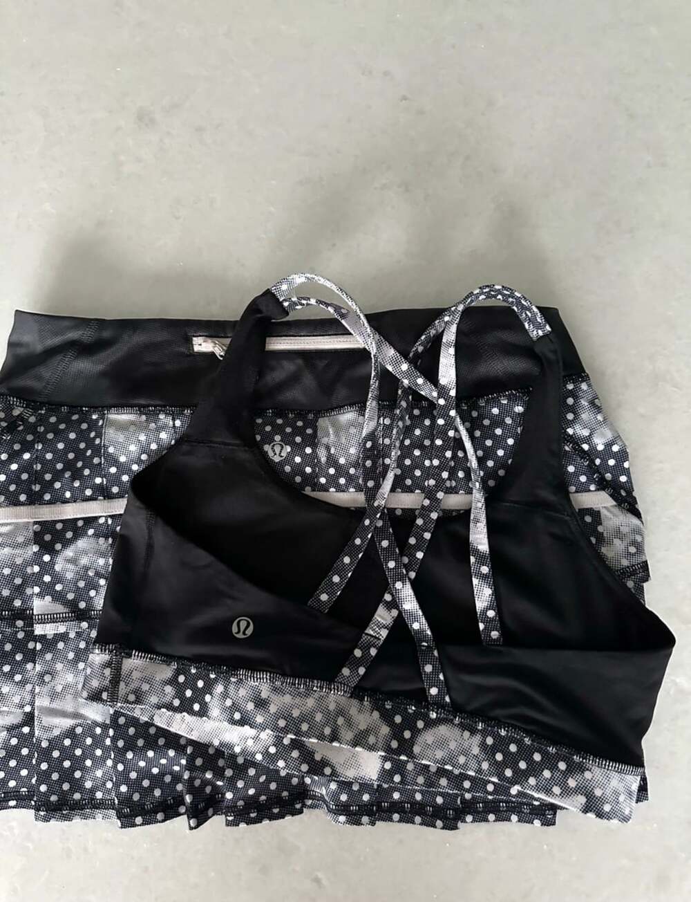 Lululemon Black and White Polka Dot Ruffle Skirt with Matching Sports Bra